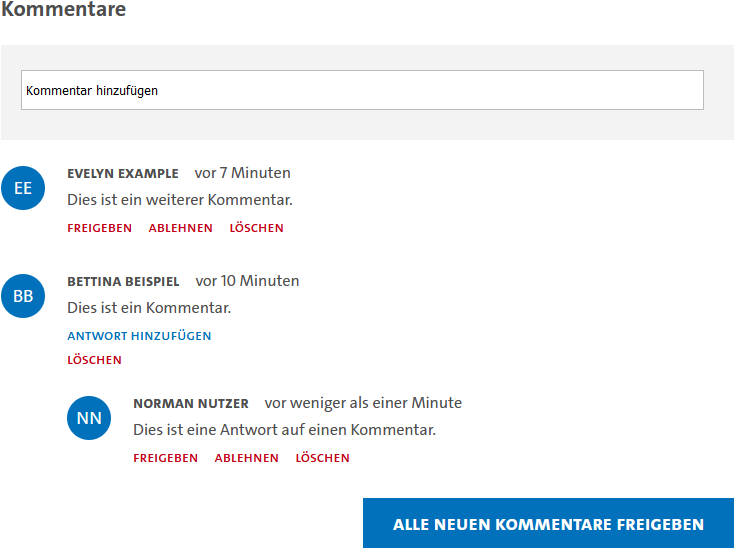 Screenshot der FIONA-Vorschau einer Kommentar Box als Moderator*in.