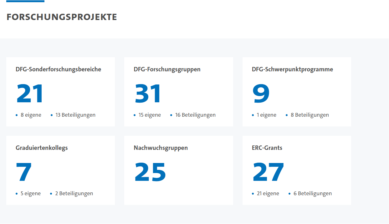 Screenshot einer Box der Vorlage "Forschungsprojektzahlen-Cluster" mit mehreren Kacheln.