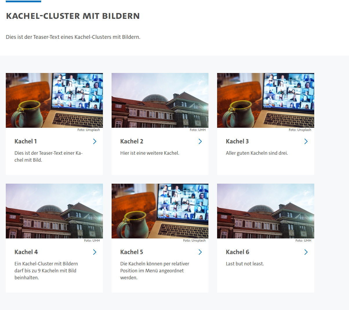 Screenshot einer Box der Vorlage "Kachel-Cluster" mit mehreren Kacheln.
