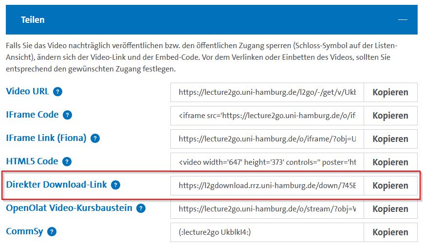  	 Screenshot aus Lecture2Go zum Downloadlink