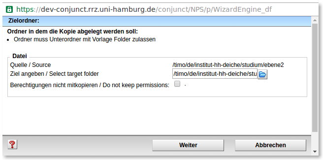 Screenshot des Kopier-Dialogs